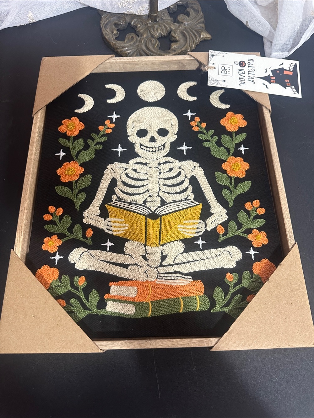 BP home Halloween embroidered skeleton reading a book wall decor